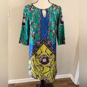 Gabby Style ornate colorful shift midi dress swirled leaf pattern keyhole neck 4